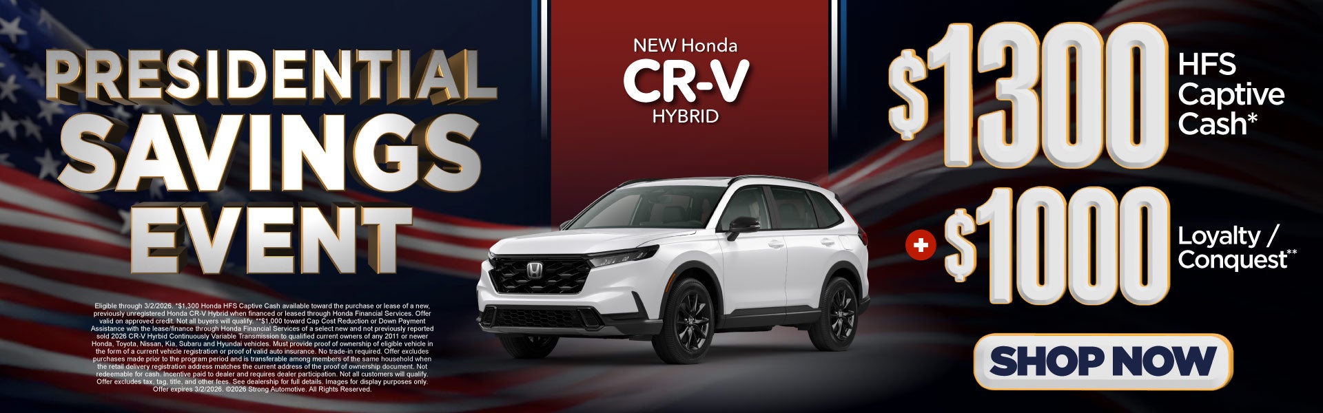 New Honda CR-V Hybrid $1,300 HFS Captive Cash*