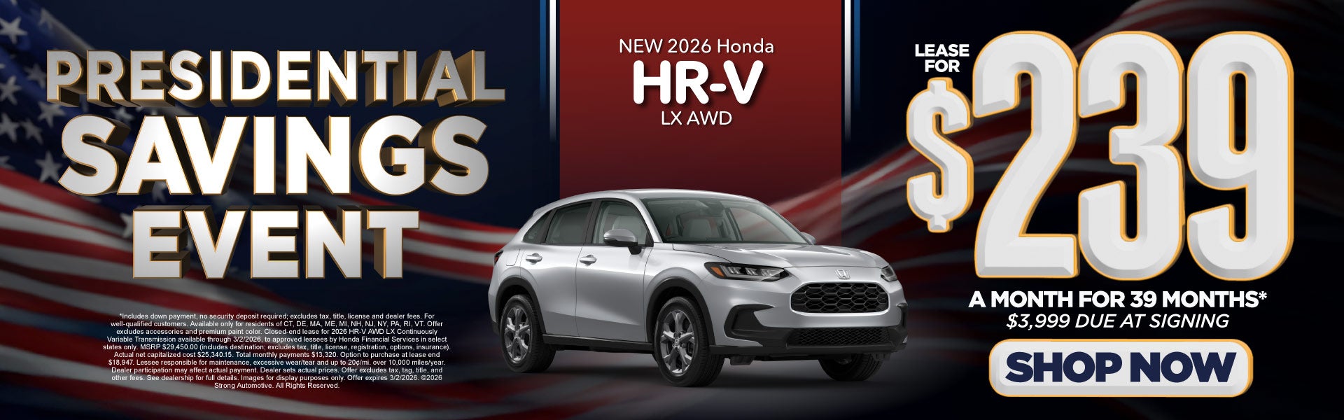 2026 Honda HR-V LX AWD Lease for $239 a mo for 39 Mos*