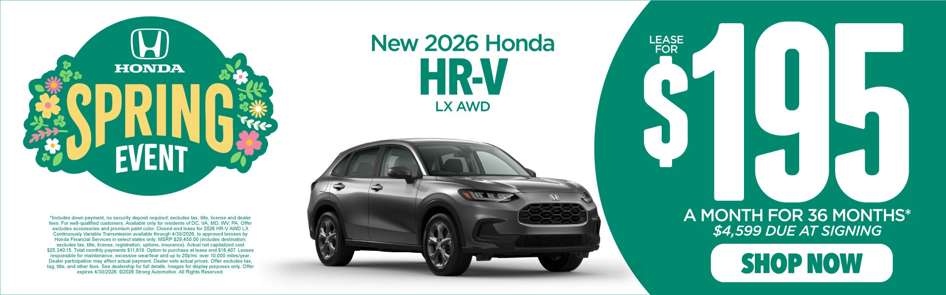 2026 Honda HR-V LX AWD 	"Lease for $195 a month for 36 Month