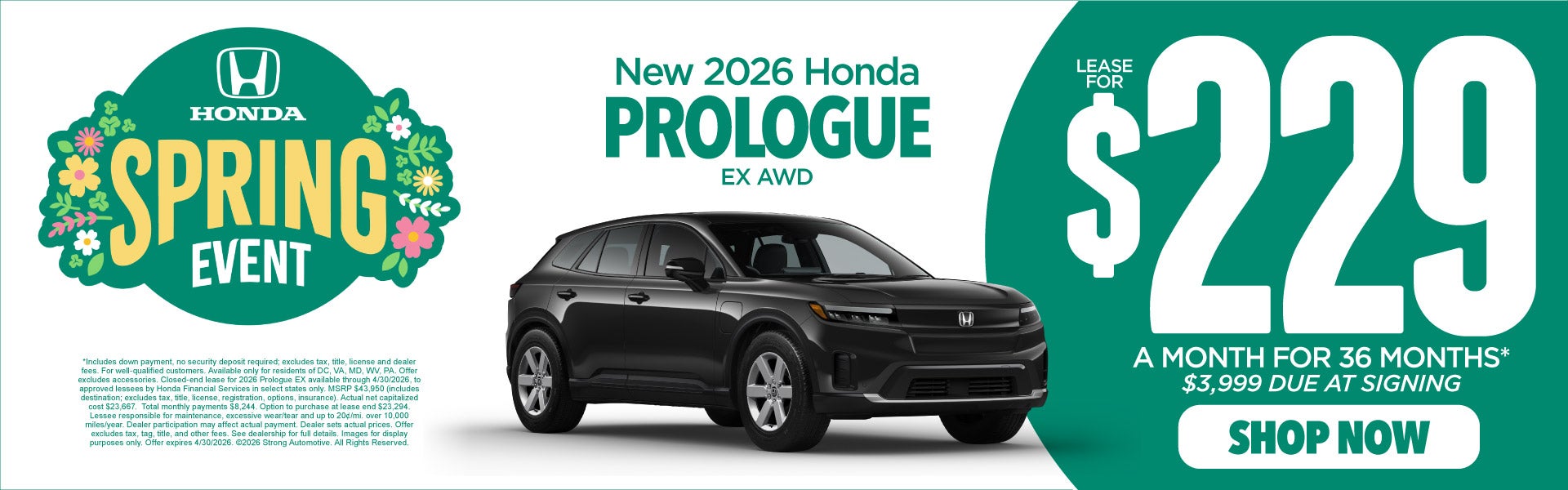 2026 Honda Prologue EX AWD	"Lease for $229 a month for 36 Mo