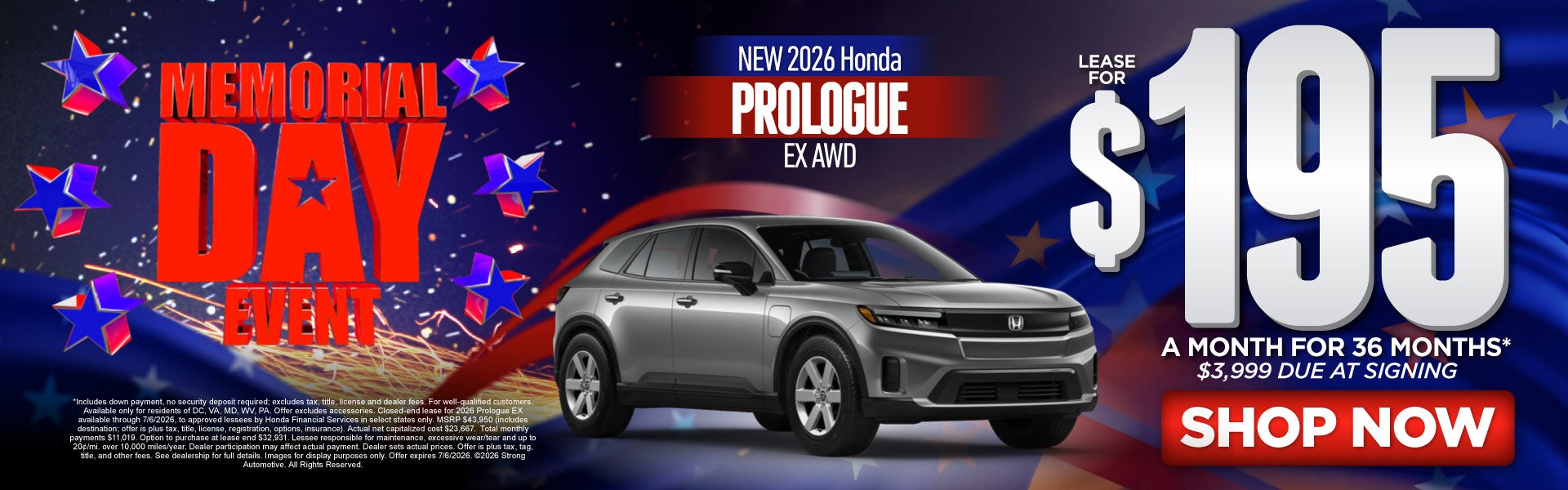 2026 Honda Prologue EX AWD	"Lease for $195 a month for 36 Mo