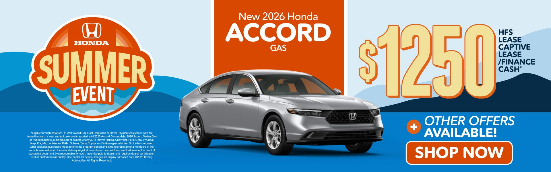 New 2026 Honda Accord Gas	"$1,250 HFS Lease Captive Lease / 