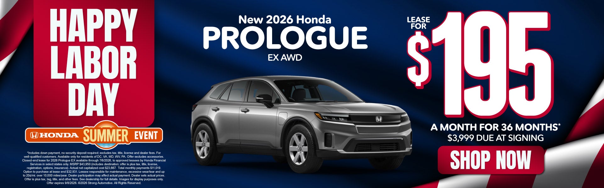 2026 Honda Prologue EX AWD	"Lease for $195 a month for 36 Mo