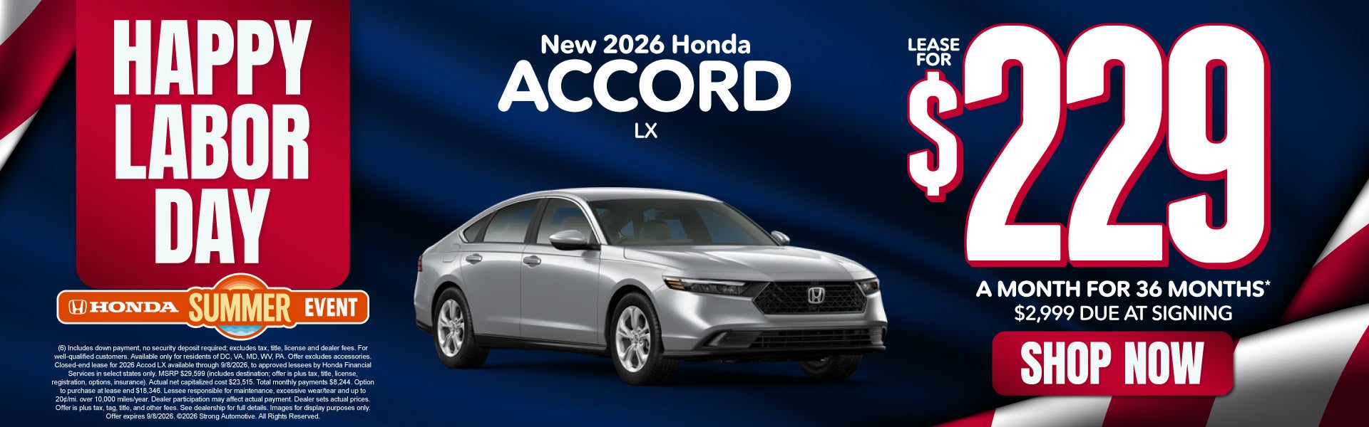 New 2026 Honda Accord LX	"Lease for $229 a month for 36 mont